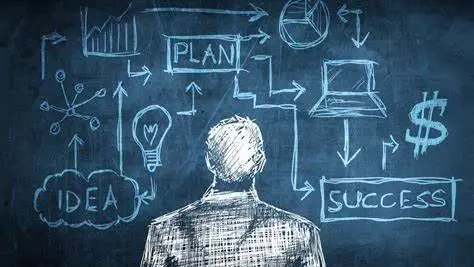 An illustration of a man looking at a chalkboard with idea, success and plan graphics