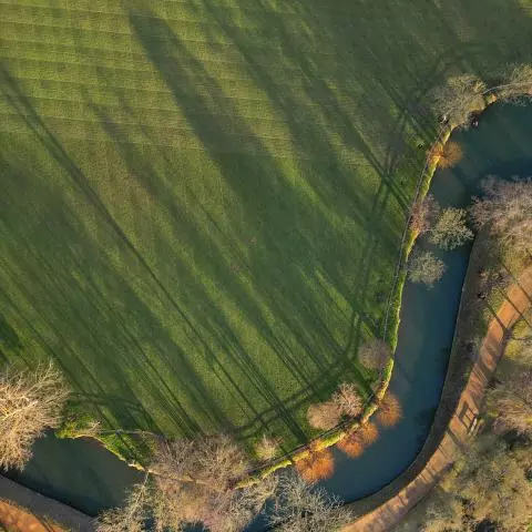 AERIAL VIEW OF THE RIVER CHERWELL AND SHADOWS OVER CHRIST CHURCH GROUNDS