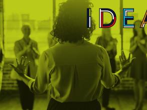 A women talking and gesturing with her hands to a group of women, with a green gradient overlay and IDEA logo