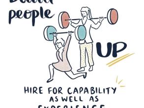 An illustration of two office workers doing weights