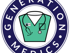 Generation Medics logo, a green doctor's shirt with a stethoscope encircled by the company name