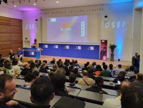 The OSEF welcome talk in a busy lecture theatre