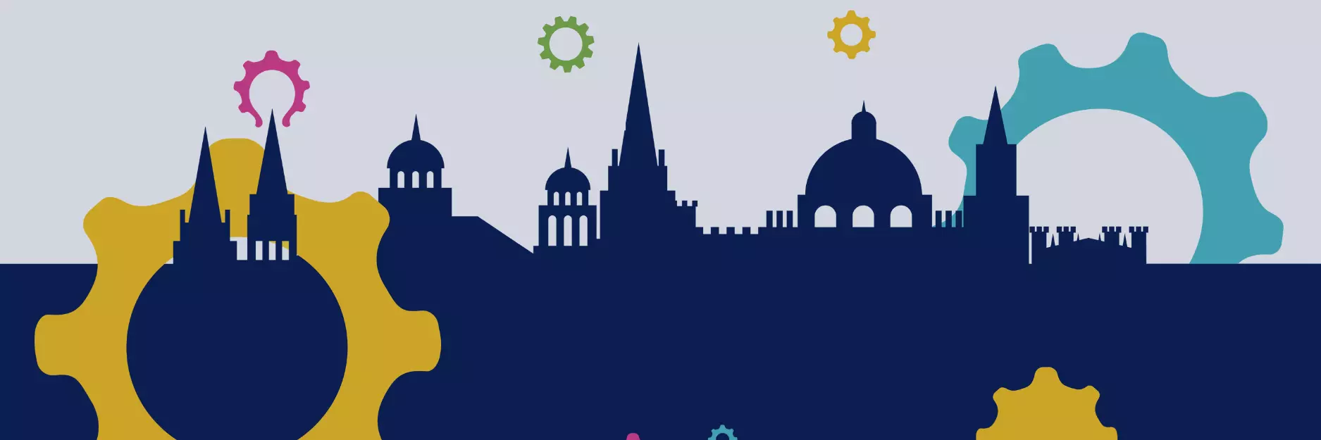 blue skyline graphic with colourful cogs