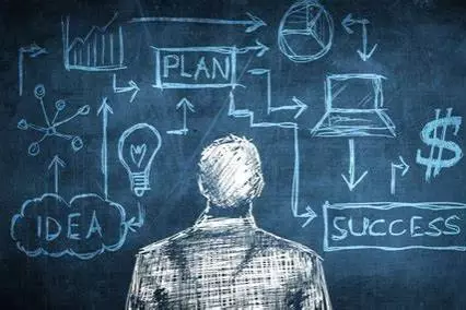 An illustration of a man looking at a chalkboard with idea, success and plan graphics